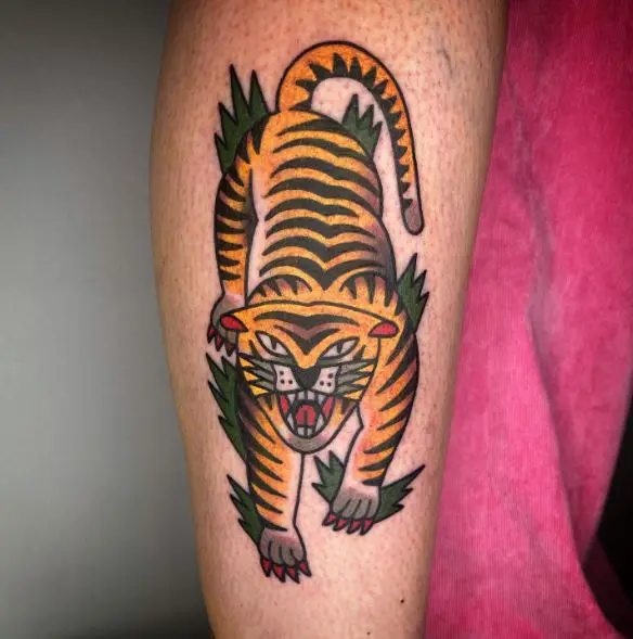 Traditional Crawling Tiger Forearm Tattoo