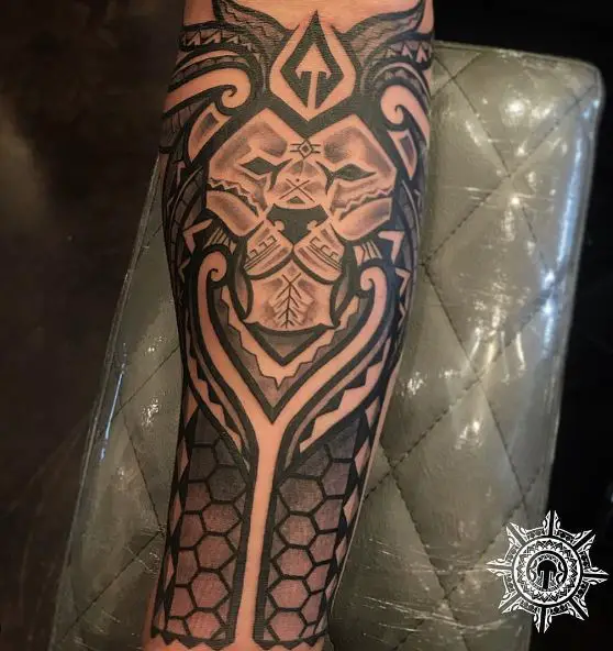 Polynesian Tribal Ornamented Lion Forearm Tattoo