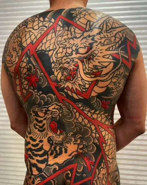 Colored Dragon and Tiger Full Back Tattoo