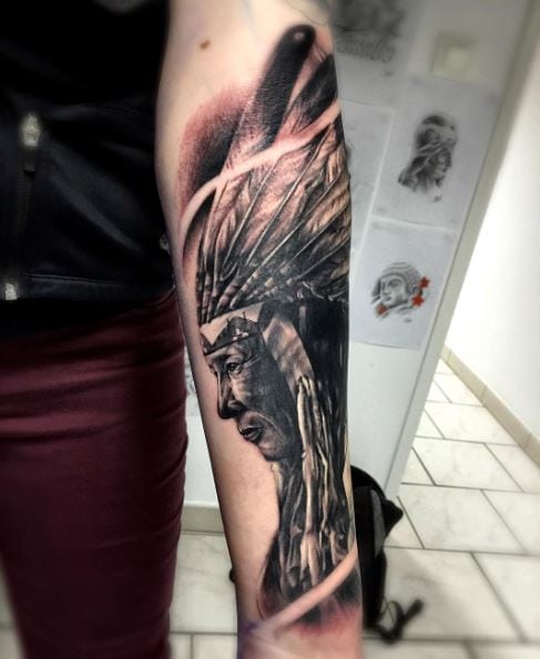 Indian Chief with Feather Headdress Forearm Tattoo