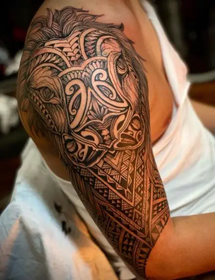 Polynesian Tribal Ornamented Lion Arm Half Sleeve Tattoo