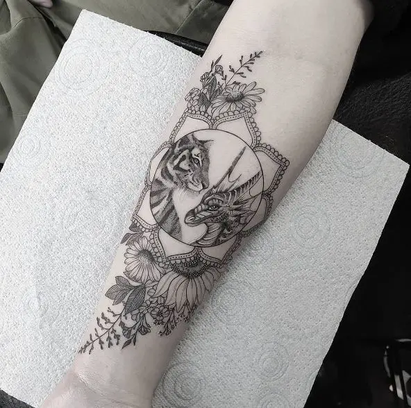 Flowers, Dragon and Tiger Forearm Tattoo