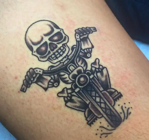 Black and Grey Skeleton Riding Harley Davidson Tattoo