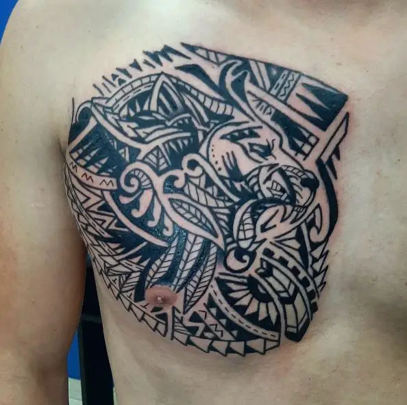Black Maori Tribal Ornamented Lion Chest Tattoo