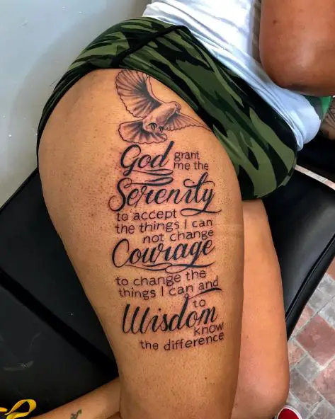 White Pigeon and Serenity Prayer Quote Thigh Tattoo