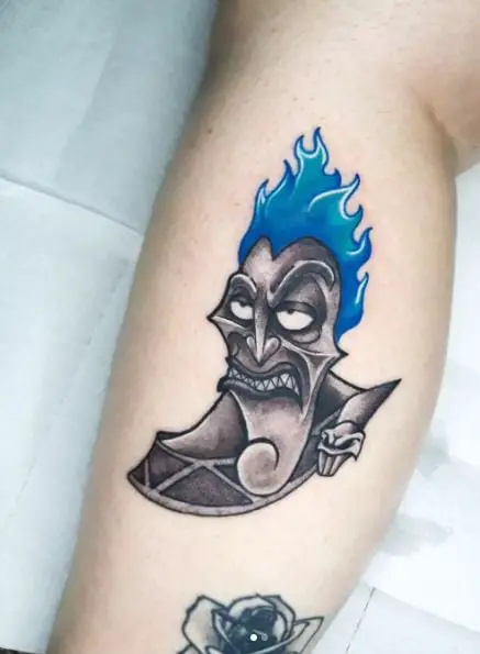 Blue and Grey Disney Hades Leg Tattoo