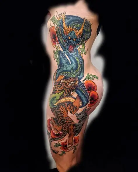 Colorful Dragon and Tiger Full Body Side Tattoo