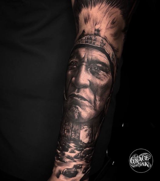 Forest Landscape and Indian Chief Forearm Tattoo