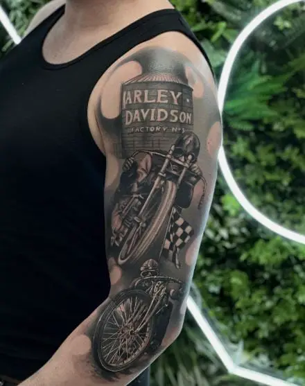 Black and Grey Riders on Harley Davidson Bikes Arm Tattoo