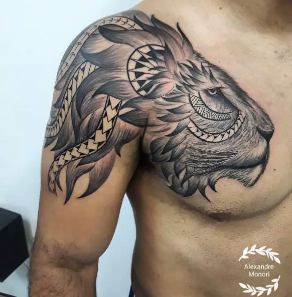 Tribal Ornamented Lion Shoulder and Chest Tattoo