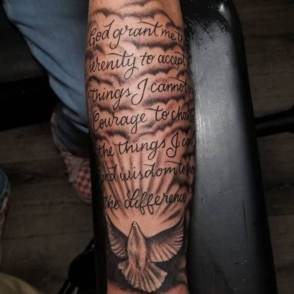 Shaded Pigeon and Serenity Prayer Quote Forearm Tattoo