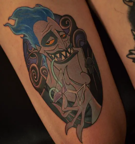 Colorful Disney Hades with Cocktail Glass Thigh Tattoo