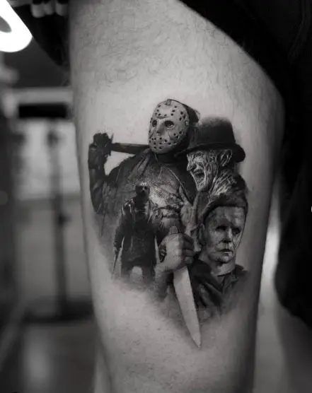 Jason, Freddy, and Michael Myers with Knife Thigh Tattoo