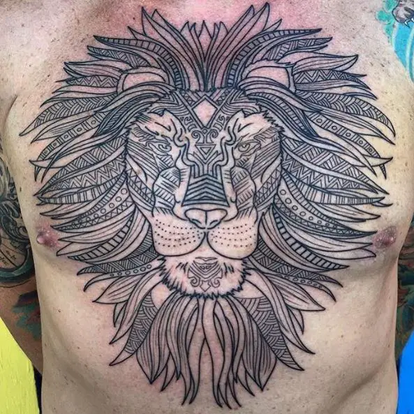 Symmetrical Tribal Lion Chest Tattoo