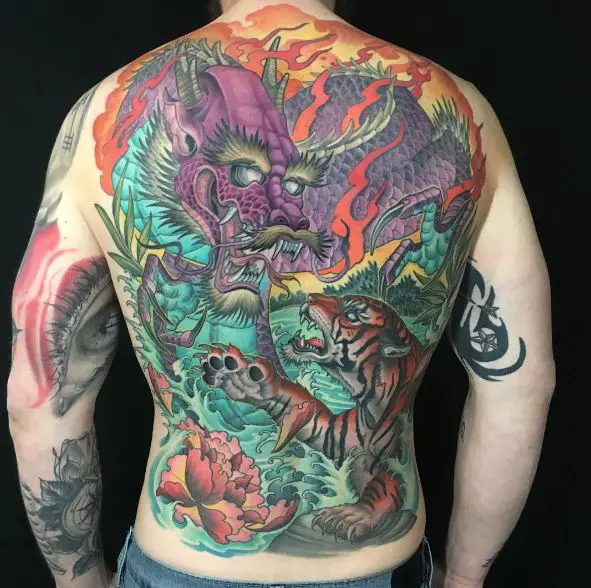 Colorful Dragon and Tiger Full Back Tattoo