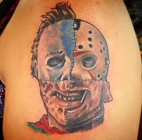 Masks of Jason, Freddy, Leather Face and Michael Myers Arm Tattoo