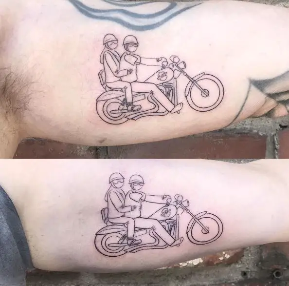Man and Woman Riding Harley Davidson Inner Biceps Tattoo