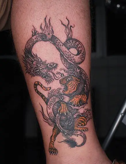 Black and Grey Dragon and Colored Tiger Leg Tattoo