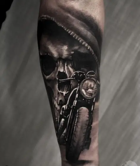 Black and Grey Skull and Harley Davidson Forearm Tattoo
