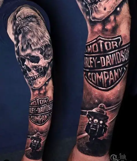 Eagle, Skull, Harley Davidson Logo and Rider Arm Tattoo