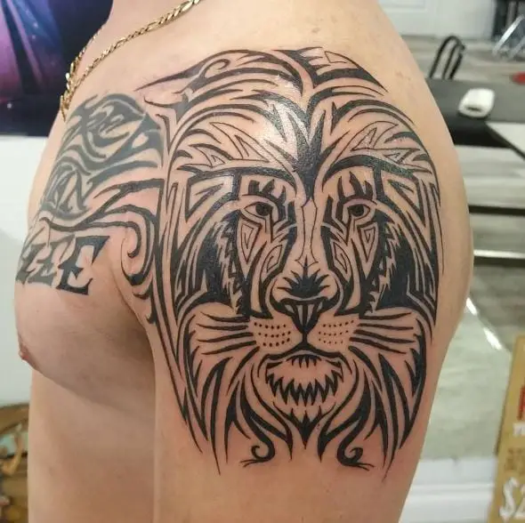 Symmetrical Tribal Lion Shoulder Tattoo