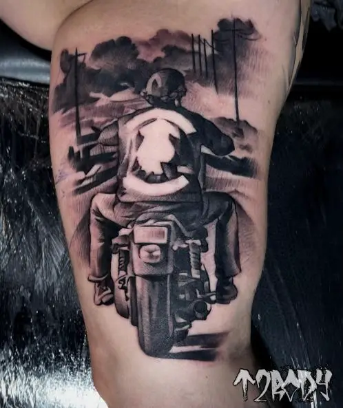 Black and Grey Man Riding Harley Davidson Arm Tattoo