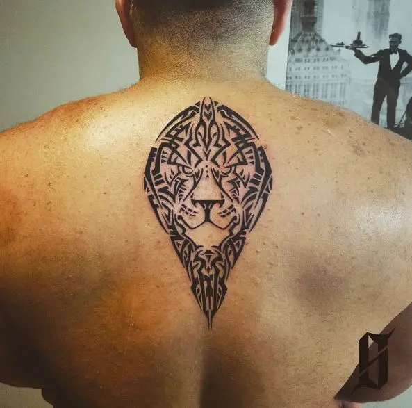 Symmetrical Tribal Lion Back Tattoo