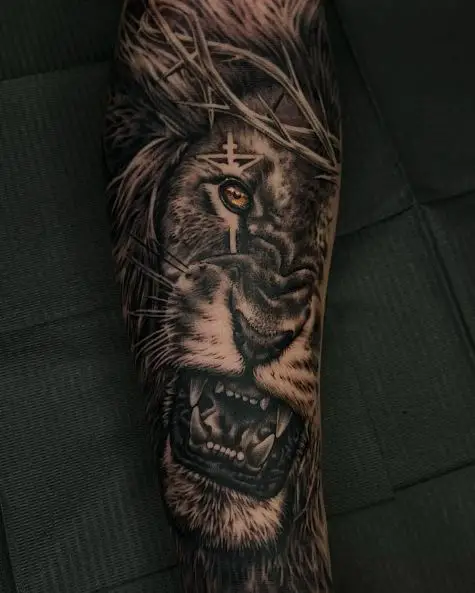 Lion Head with Thorn Crown Arm Sleeve Tattoo