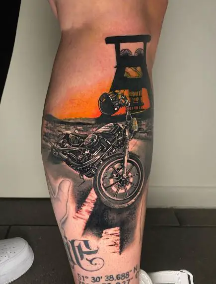 Sunset and Harley Davidson with Helmet Calf Tattoo