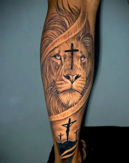 Crucifixion and Lion Head with Cross Calf Tattoo
