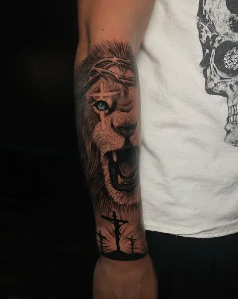 Three Crosses and Lion Head with Cross Forearm Tattoo