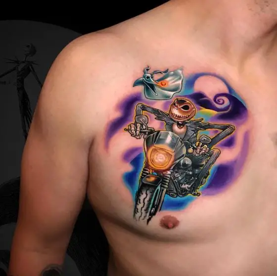 Colorful Jack Skellington Riding Harley Davidson Chest Tattoo