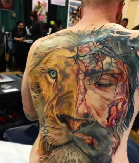 Half Jesus Half Lion Full Back Tattoo