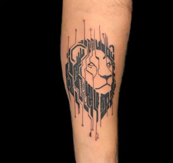 Black and Grey Geometric Lion Forearm Tattoo