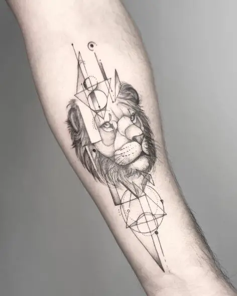 Geometric Triangles, Circles and Lion Forearm Tattoo