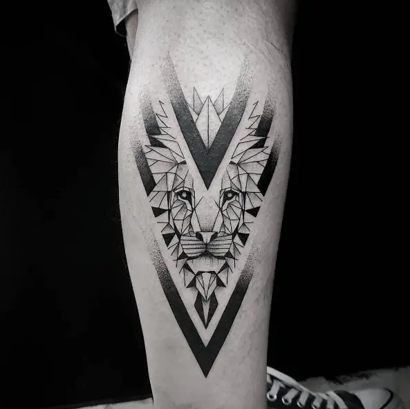 Geometric Lion with Black Stripes Leg Tattoo
