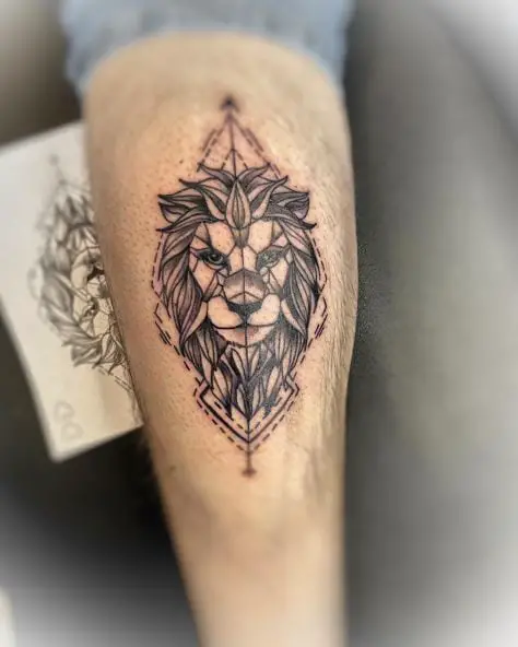 Symmetrical Geometric Lion Calf Tattoo