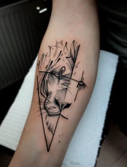 Geometric Triangles and Lion Forearm Tattoo