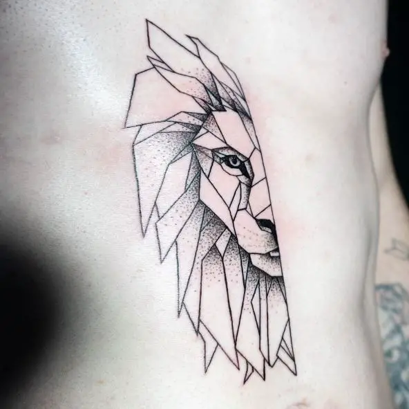 Geometric Shapes Lion Half Face Ribs Tattoo