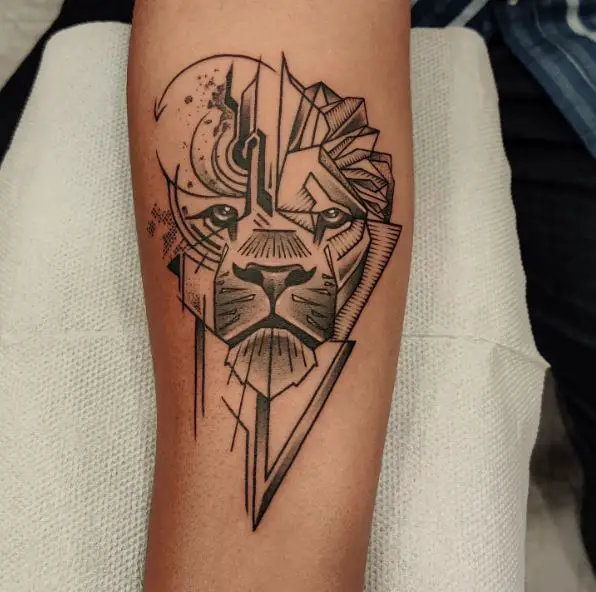 Black and Grey Geometric Shapes and Lion Forearm Tattoo