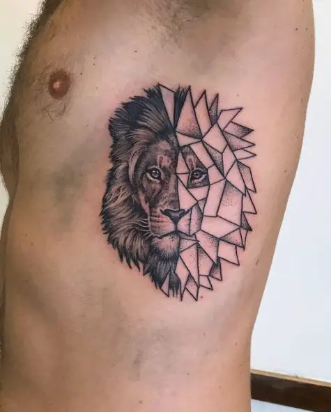 Half Realistic Half Geometric Lion Ribs Tattoo