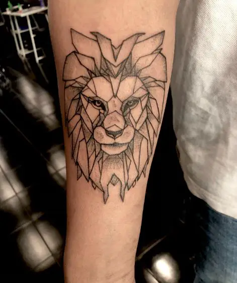 Grey Shaded Geometric Lion Forearm Tattoo
