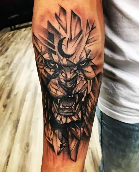 Black and Grey Geometric Lion with Half Moon Forearm Tattoo