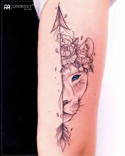 Arrow, Flowers and Lioness Half Head Arm Tattoo