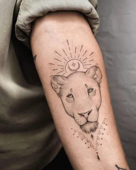 Black and Grey Ornaments and Lioness with Half Moon Forearm Tattoo