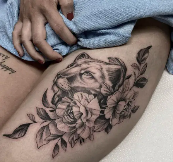Black and Grey Flowers and Lioness Thigh Tattoo