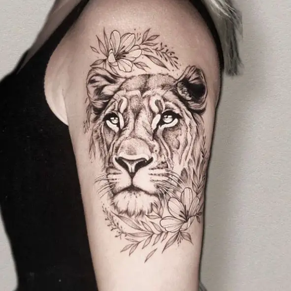 Black and Grey Flowers and Lioness Arm Tattoo