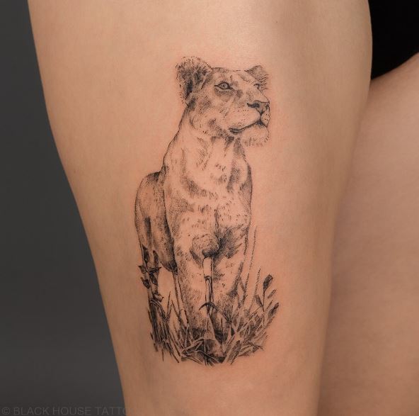 Black and Grey Grass and Lioness Thigh Tattoo