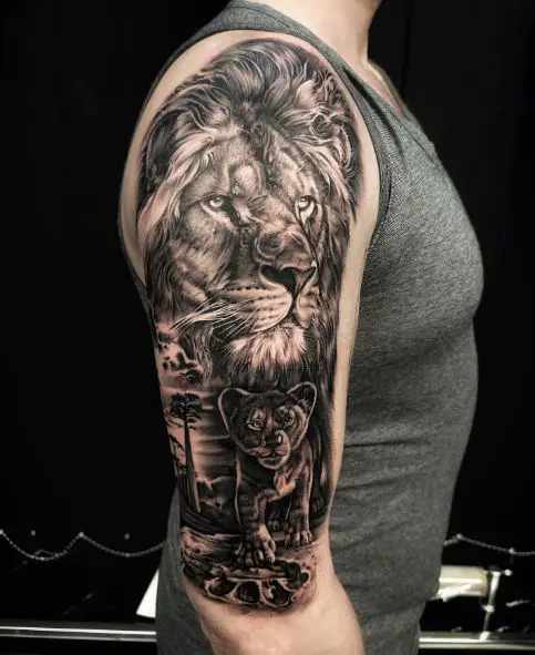 Black and Grey Lion with Cub Arm Sleeve Tattoo