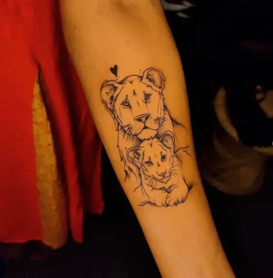 Sketched Lioness with Cub Forearm Tattoo